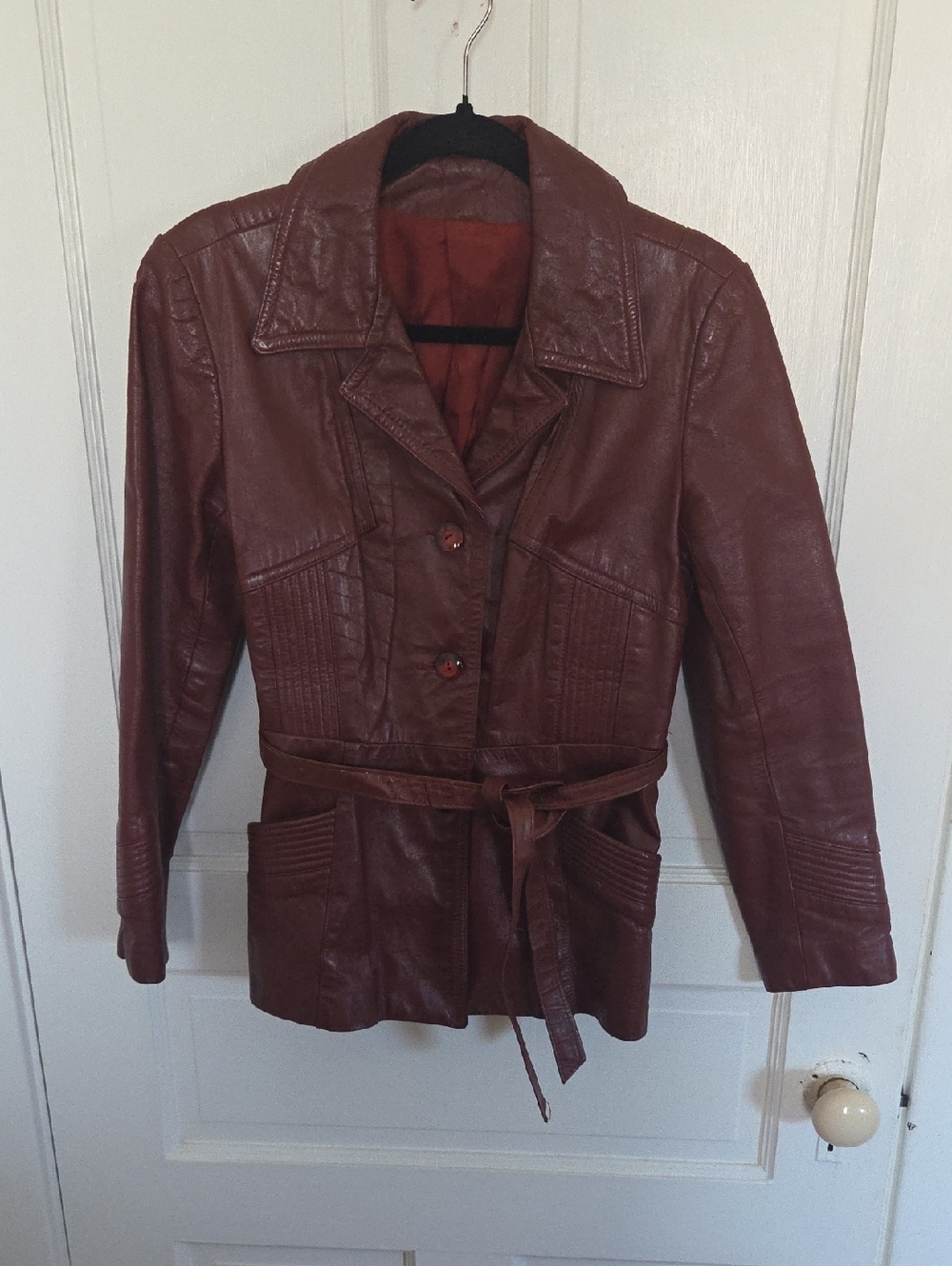 Vintage Burgundy Leather Belted Jacket